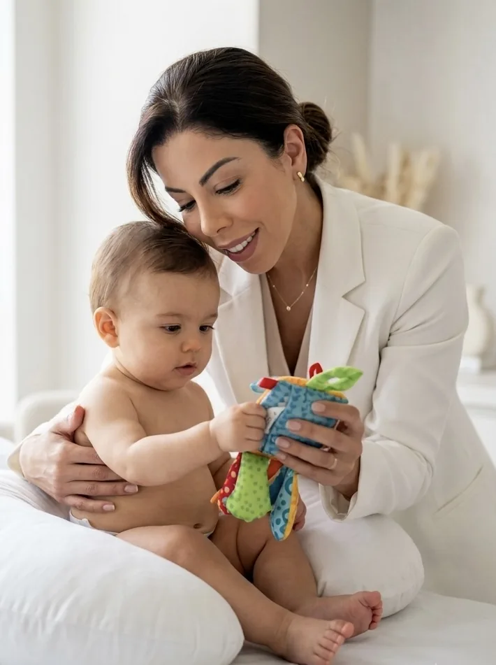 Dra. Fabiana Leal conversando com um bebê durante a avaliação